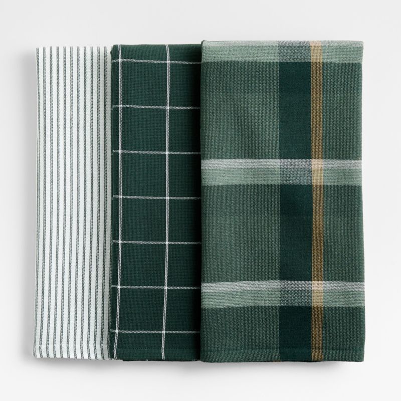 Holiday Green Plaid and Stripe Organic Cotton Kitchen Towels, Set of 3