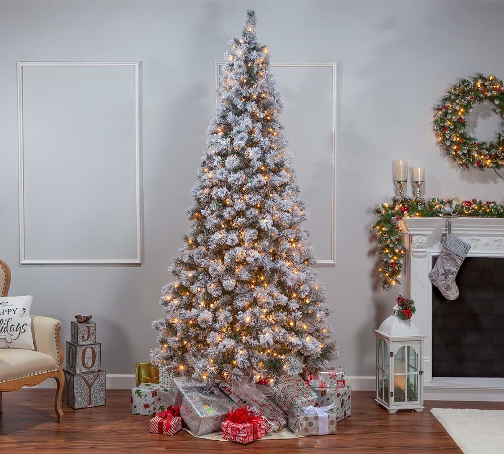 Lit Flocked Boise Pine Faux Christmas Trees