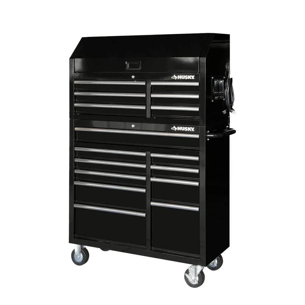 Husky 41 in. W x 24.5 in D Standard Duty 16-Drawer Combination Rolling Tool Chest and Top Tool Cabinet Set in Gloss Black