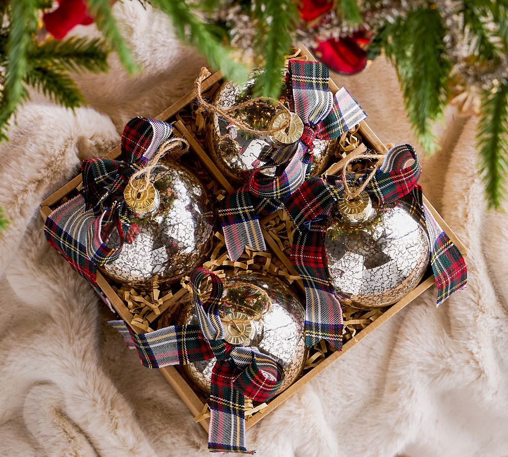 Mercury Glass Ball Ornaments with Plaid Bows - Set of 4