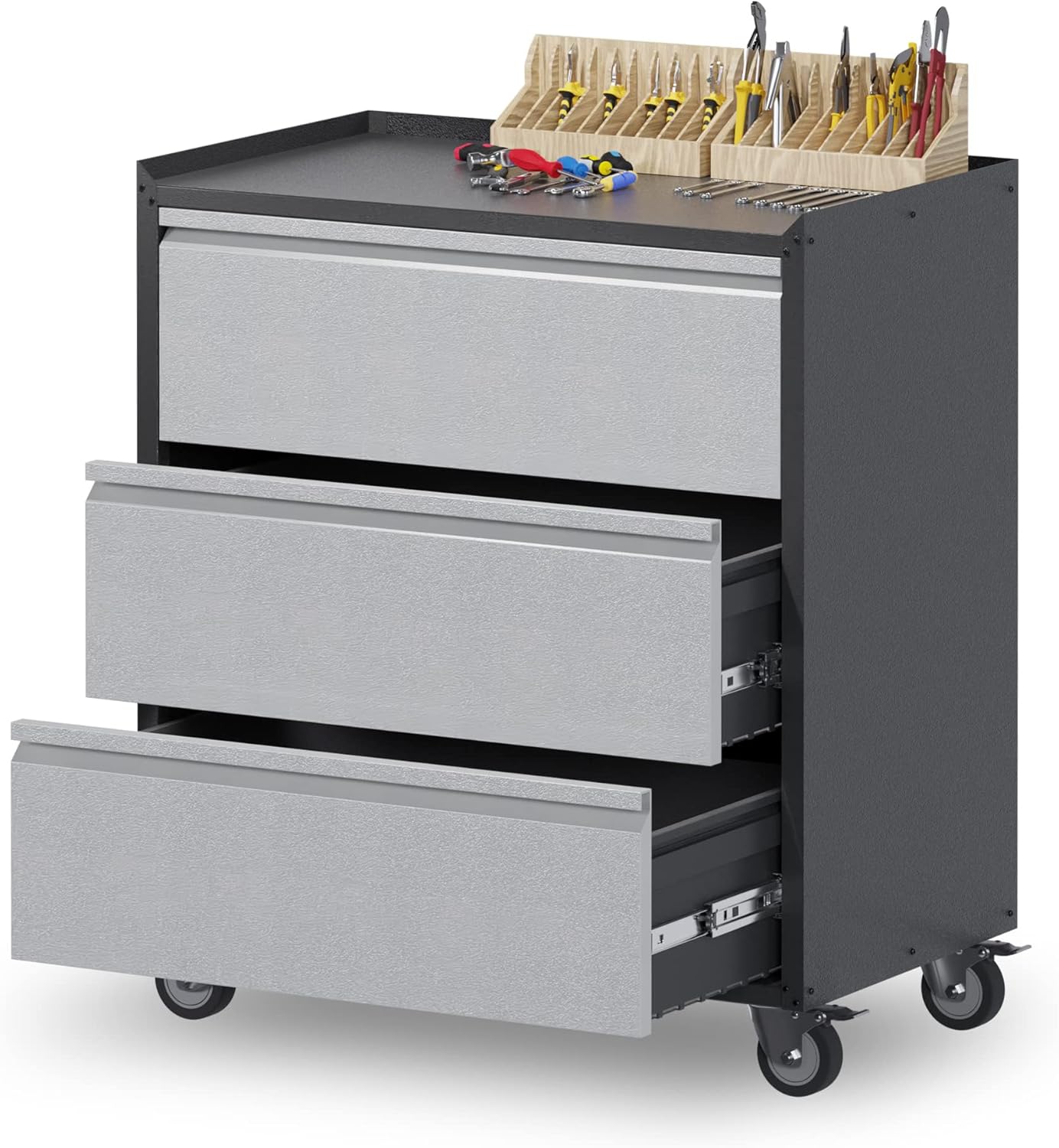 3 Drawers Metal Storage Cabinet with Wheels  Garage Storage Cabinet on Wheels 35.4′�?H Top Workbench Mobile Tool Chests Assembly Required...