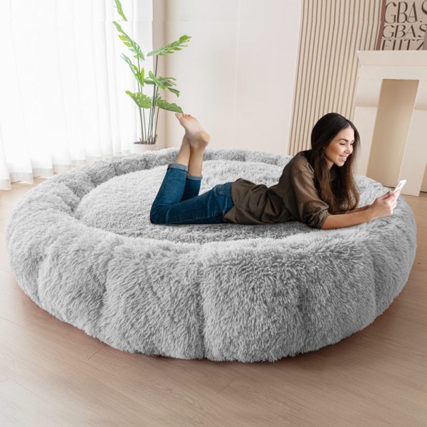 Bean Bag Bed, Giant Round Floor Mattress Faux Fur Flower Shaped Movie Mattress, Grey