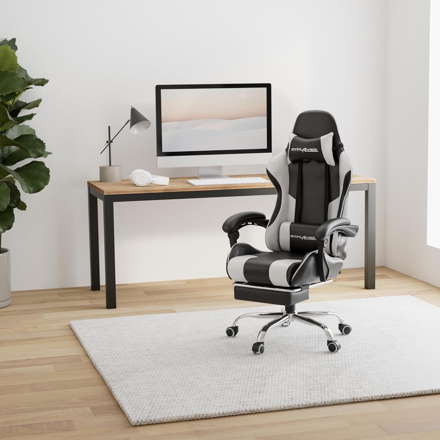 GTPLAYER Gaming Chair, Computer Chair with Footrest and Lumbar Support, Height Adjustable Game Chair with 360 -Swivel Seat and Headrest and for Office or Gaming (White)