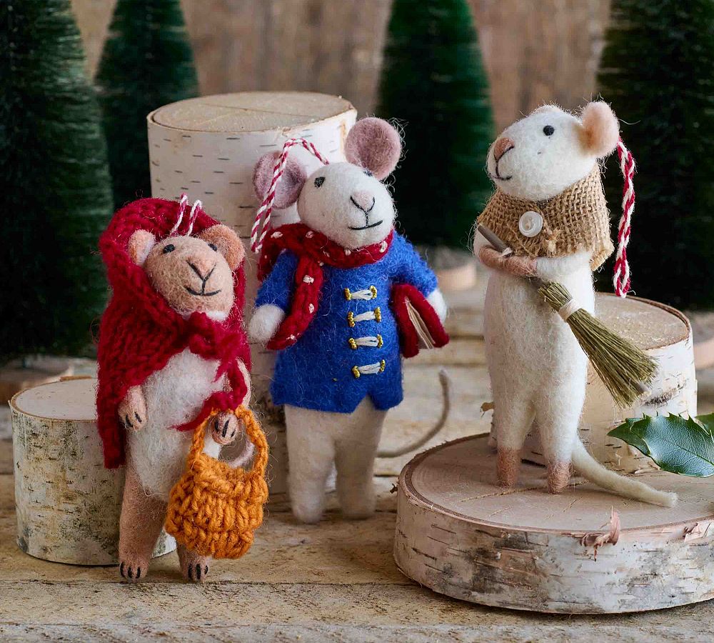 Handcrafted Country Mice Ornaments - Set Of 3
