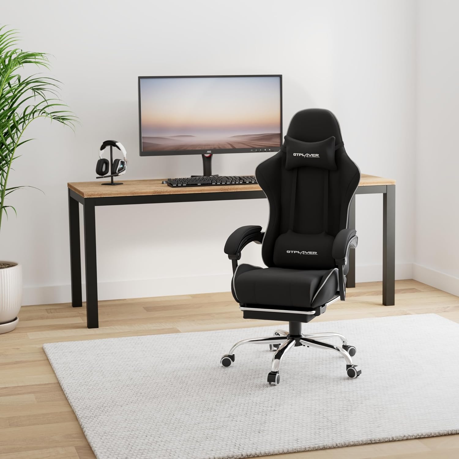 GTPLAYER Gaming Chair, Computer Chair with Footrest and Lumbar Support, Height Adjustable Game Chair with 360 -Swivel Seat and Headrest and for Office or Gaming (White)