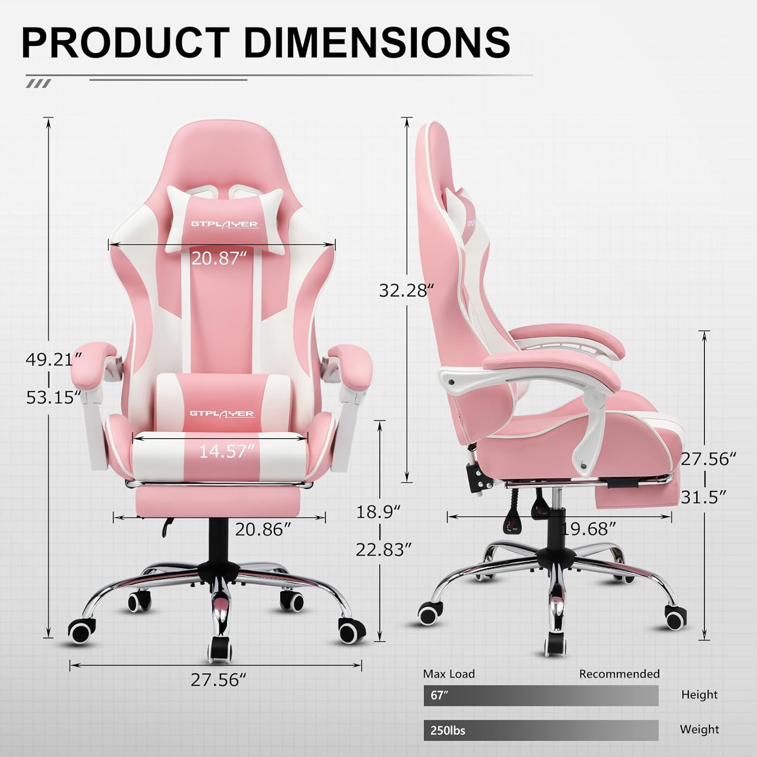 GTPLAYER Gaming Chair, Computer Chair with Footrest and Lumbar Support, Height Adjustable Game Chair with 360 -Swivel Seat and Headrest and for Office or Gaming (White)