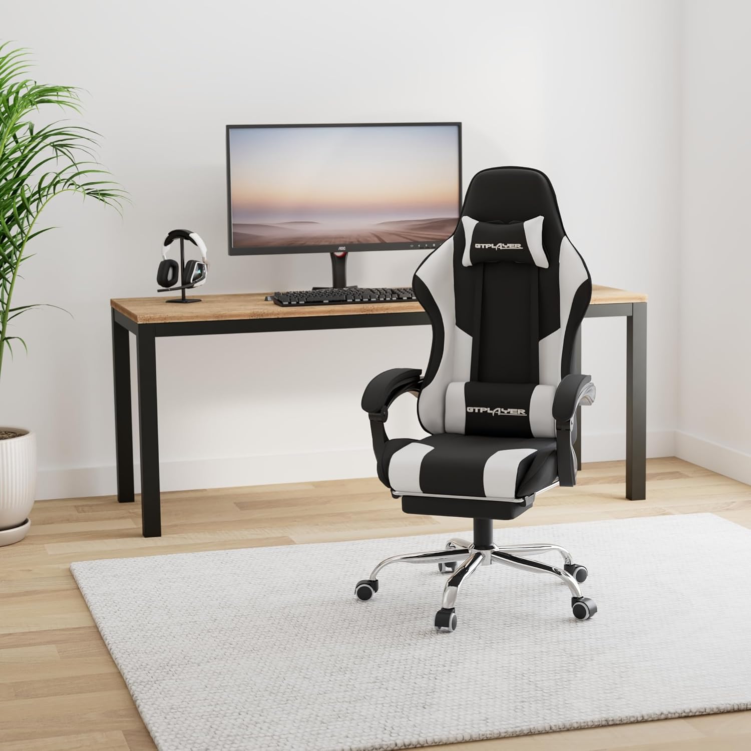 GTPLAYER Gaming Chair, Computer Chair with Footrest and Lumbar Support, Height Adjustable Game Chair with 360 -Swivel Seat and Headrest and for Office or Gaming (White)