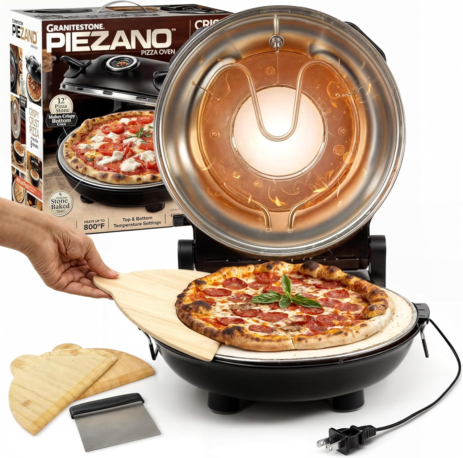 PIEZANO Crispy Crust Pizza Oven by Granitestone �?Electric Pizza Oven Indoor Portable  12 Inch Indoor Pizza Oven Countertop  Pizza Maker Heats up to 800?F for Stone Baked Pizza at Home As Seen on TV