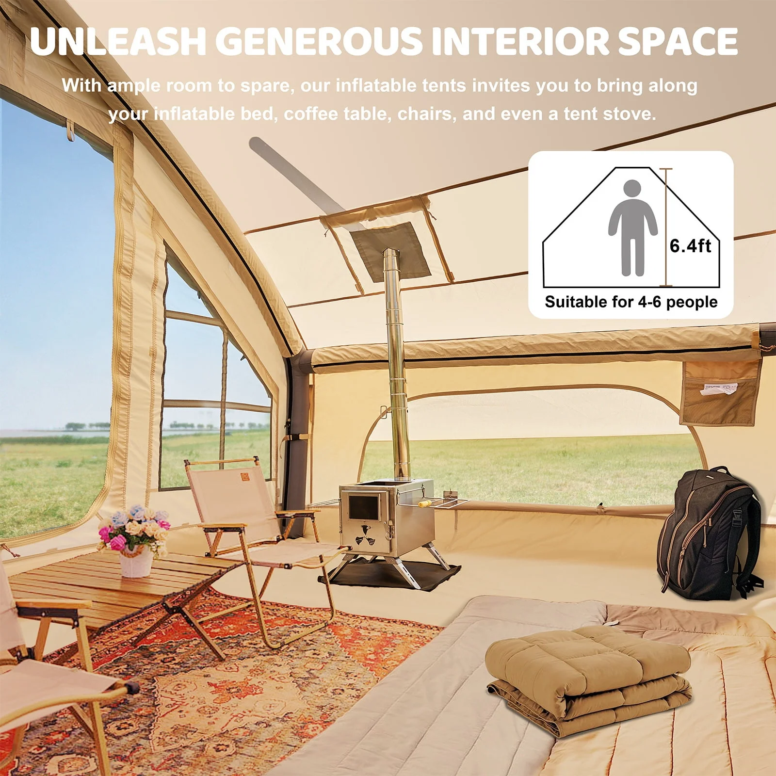 6 Person Inflatable Camping Tent with Pump, 10ft x7ft Glamping Family Tent Easy Setup 4 Season Waterproof Windproof Outdoor Blow Up Tent Luxury Oxford Cabin with Mesh Windows & Doors