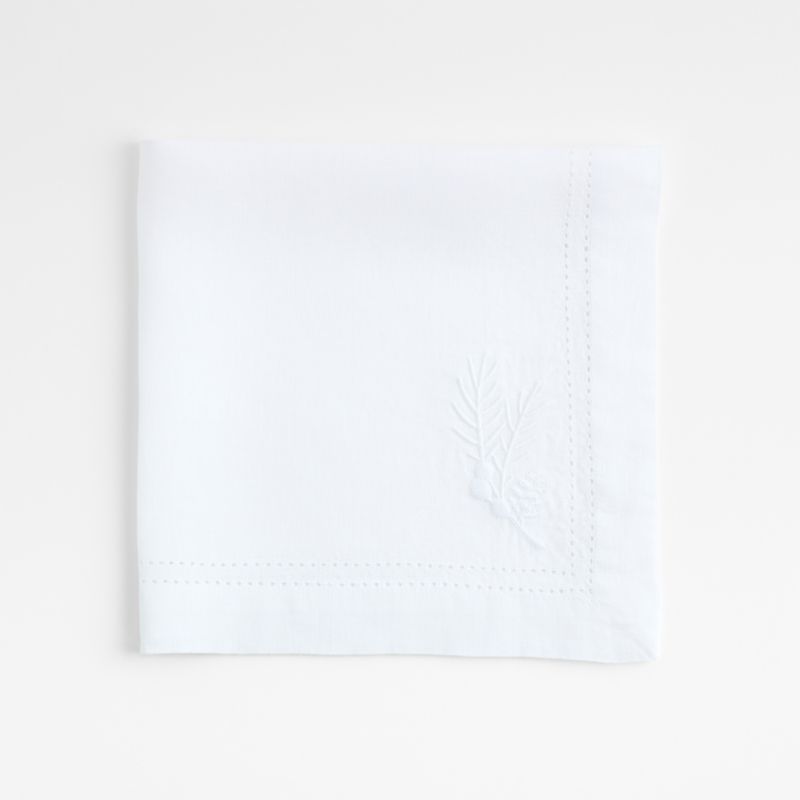 White Embroidered Pinecone EUROPEAN FLAX ™-Certified Linen Dinner Napkin