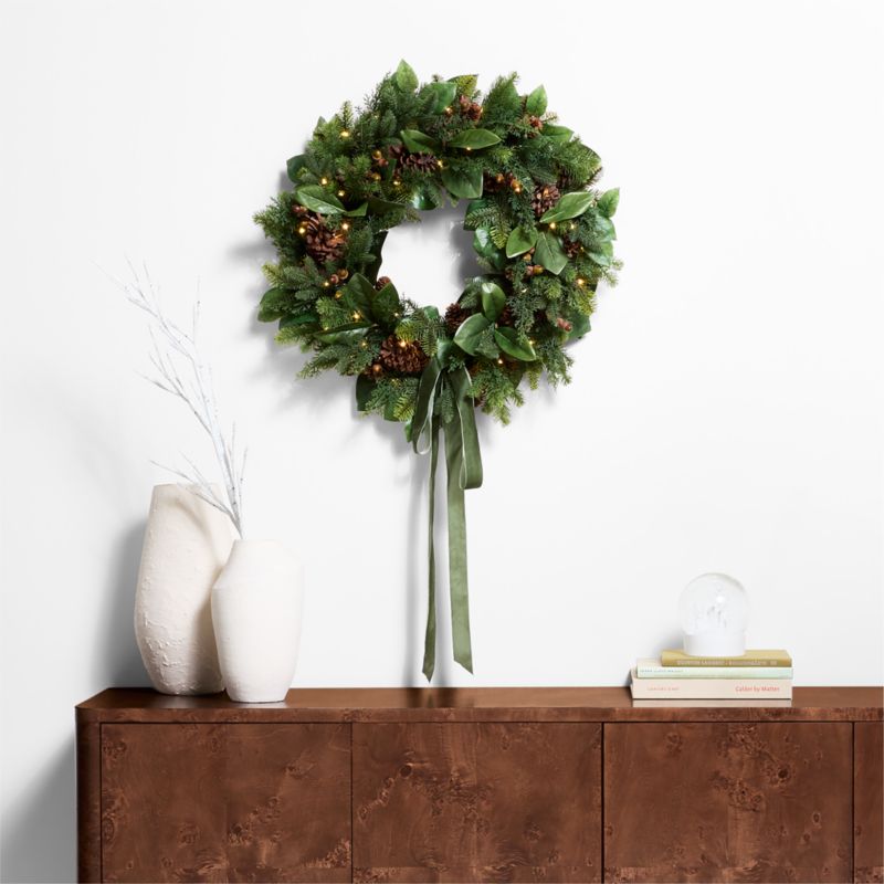 Faux Magnolia and Pinecone Pre-Lit Holiday Wreath 28