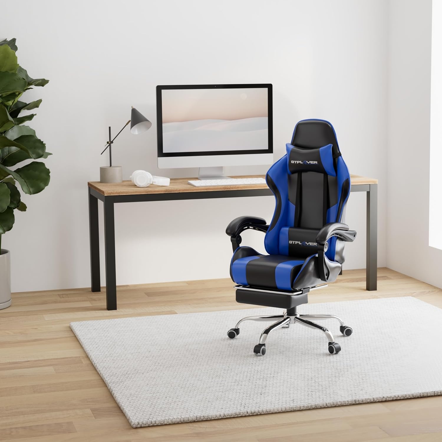 GTPLAYER Gaming Chair, Computer Chair with Footrest and Lumbar Support, Height Adjustable Game Chair with 360 -Swivel Seat and Headrest and for Office or Gaming (White)