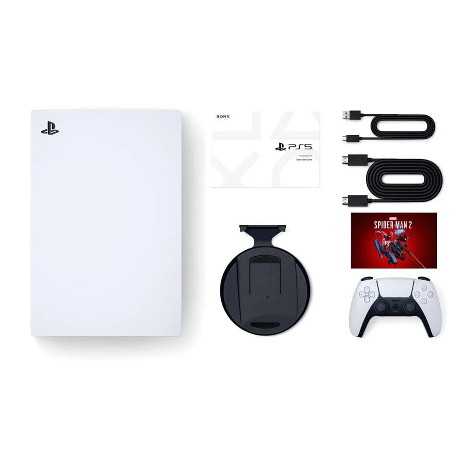 PlayStation 5 Disc Edition Marvel's Spider-Man 2 Bundle with Two Controllers White and Cosmic Red DualSense and Mytrix Dual Controller Charger - PS5
