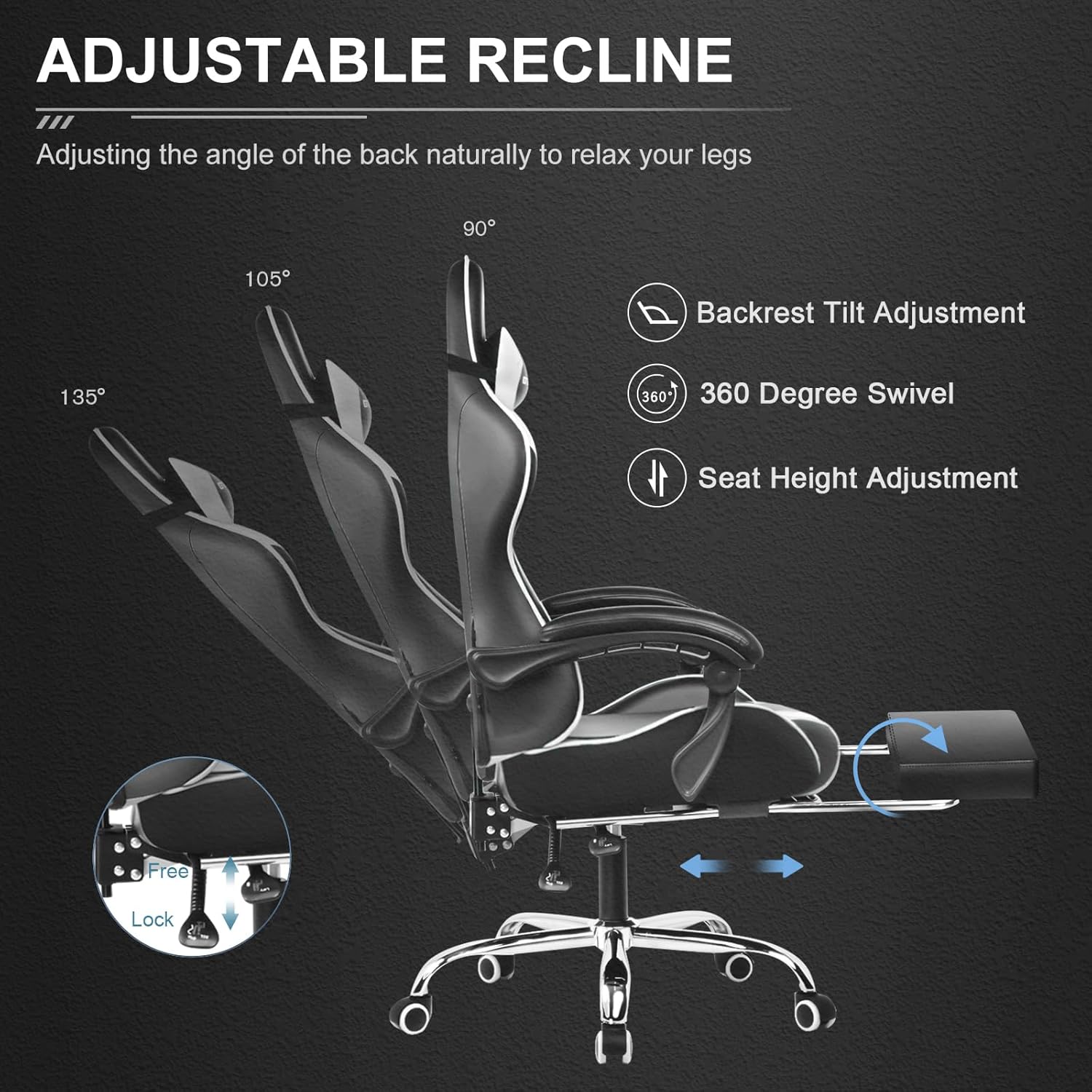 GTPLAYER Gaming Chair, Computer Chair with Footrest and Lumbar Support, Height Adjustable Game Chair with 360 -Swivel Seat and Headrest and for Office or Gaming (White)