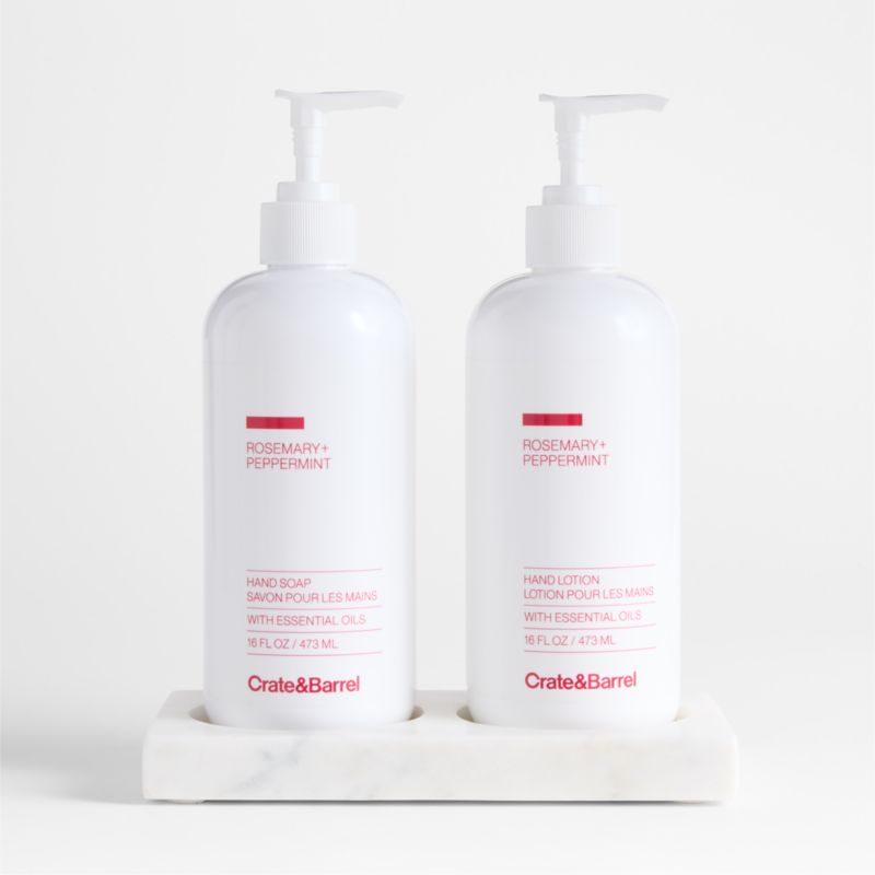 Rosemary + Peppermint Hand Soap and Lotion Set with White Marble Caddy