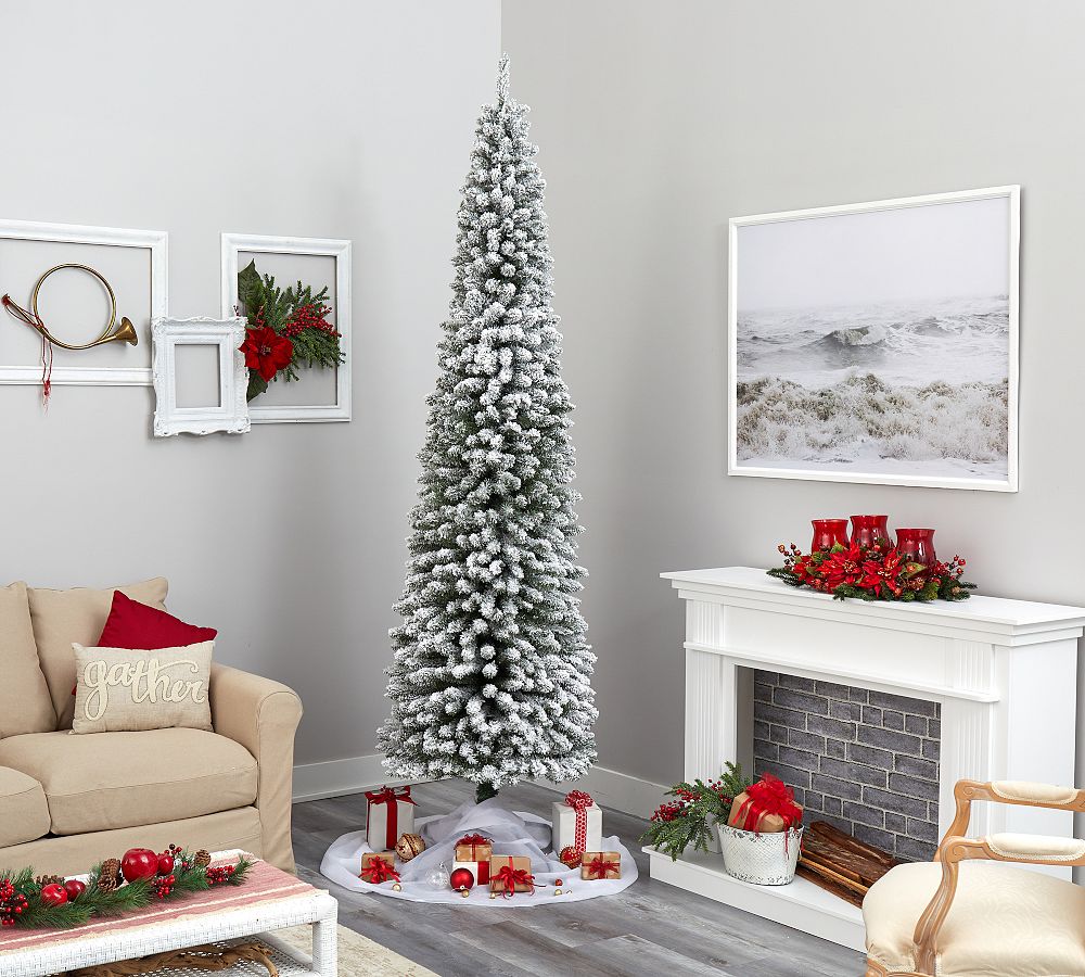 Lit Flocked Pencil Artificial Christmas Tree