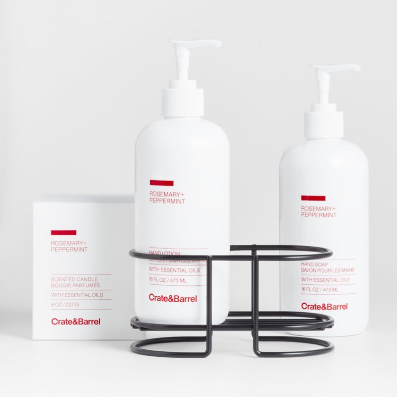 Rosemary + Peppermint Hand Soap, Lotion and Candle Gift Set with Matte Black Caddy