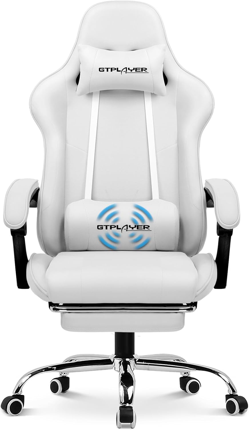 GTPLAYER Gaming Chair, Computer Chair with Footrest and Lumbar Support, Height Adjustable Game Chair with 360 -Swivel Seat and Headrest and for Office or Gaming (White)
