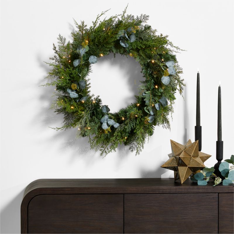 Faux Pre-Lit LED Pine and Eucalyptus Wreath 28