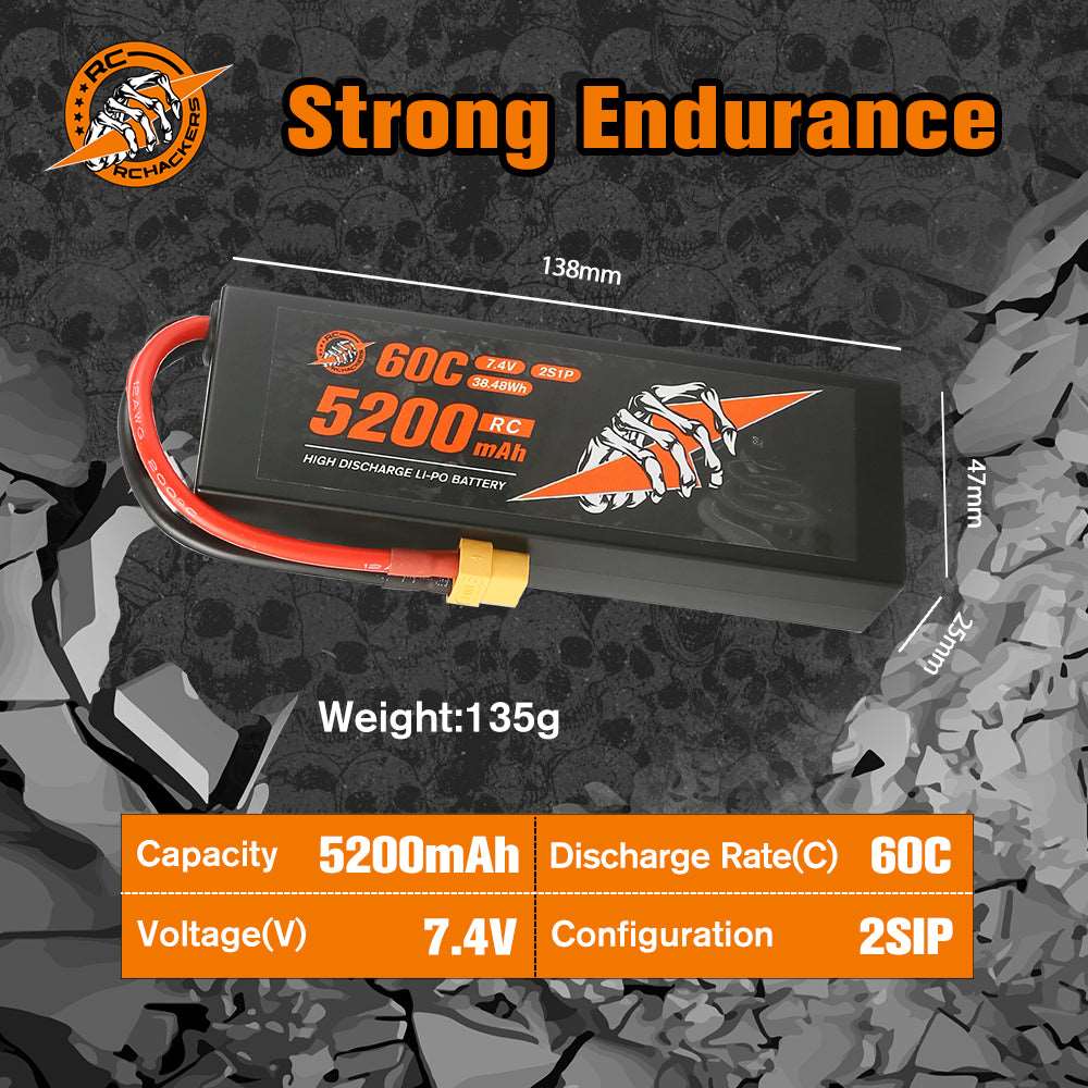 RCHackers 2S 5200mAh 60C 7.4V Lipo Battery with XT60 Plug [2 Packs]