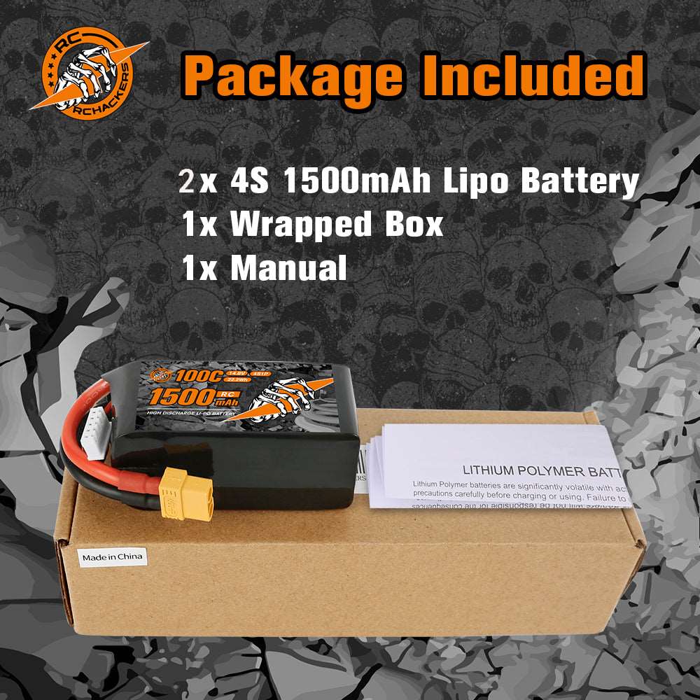 RCHackers 4S 1500mAh 100C 14.8V LiPo Battery with XT60 Plug [2 Packs]