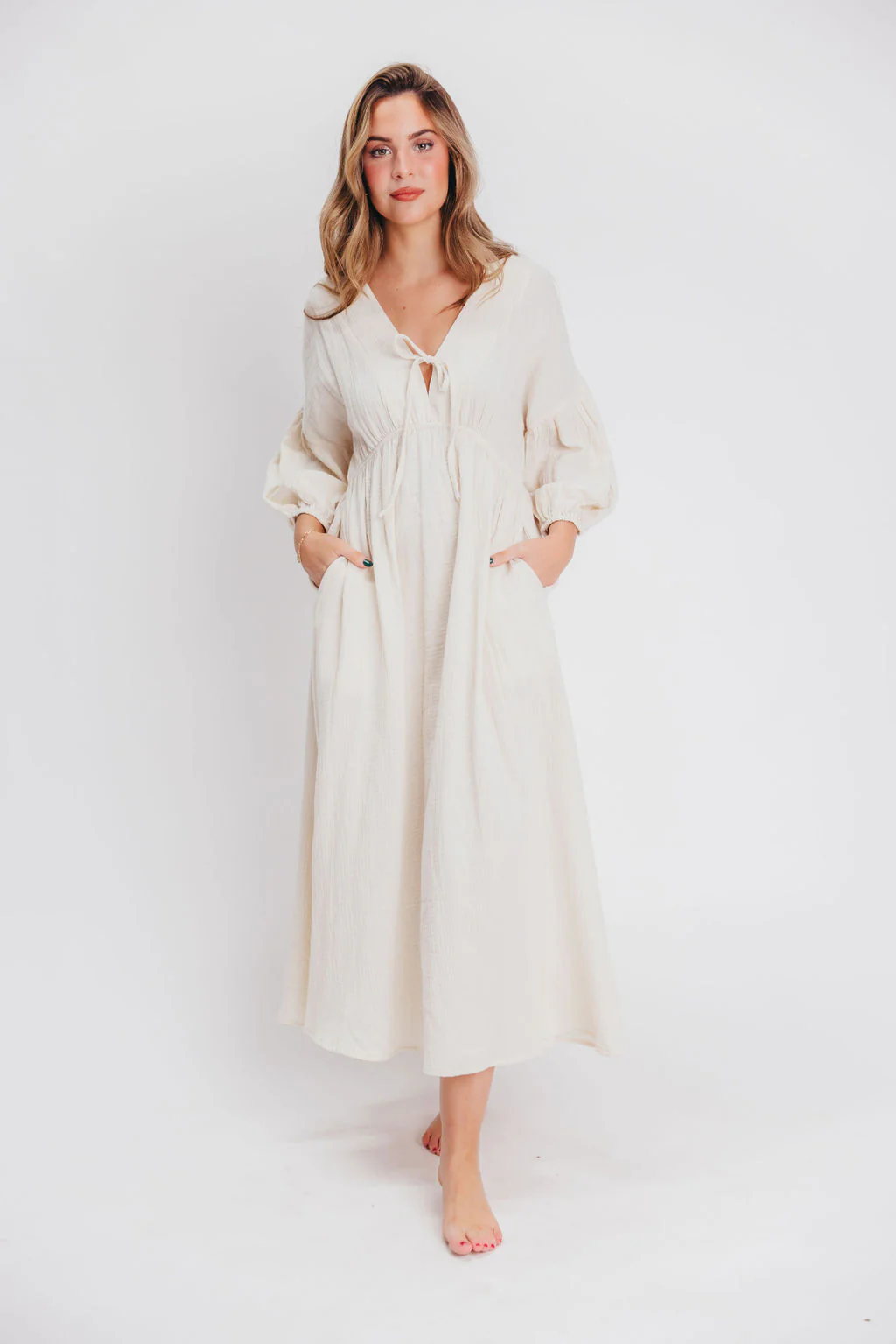 Hunter 100% Cotton Gauze Midi Dress in Soy - Bump Friendly (XS-XL) - Iieemm