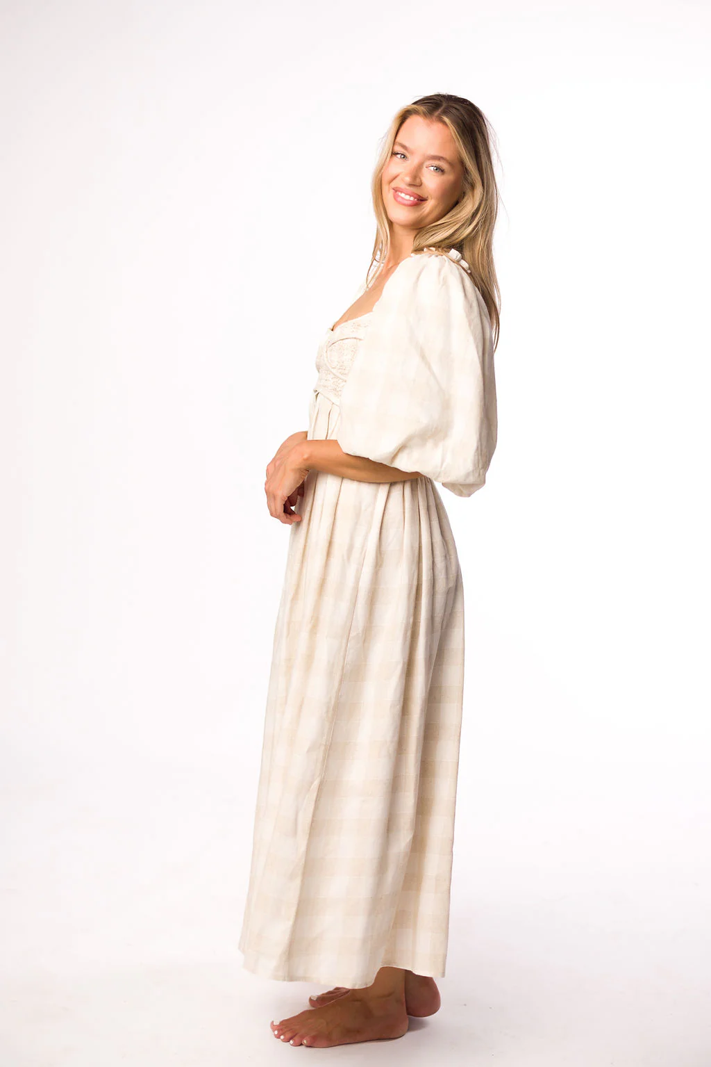 Harlow Maxi Dress in Natural Plaid with Stretchy Neckline - Bump Friendly (S-XL) - Iieemm