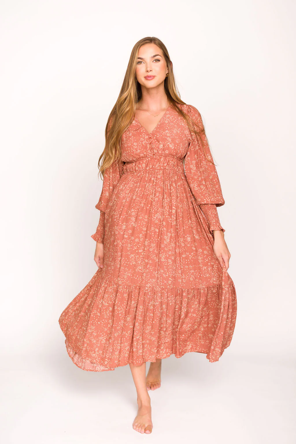 Florence Floral Button Down Long Sleeve Maxi Dress in Rosewood - Iieemm