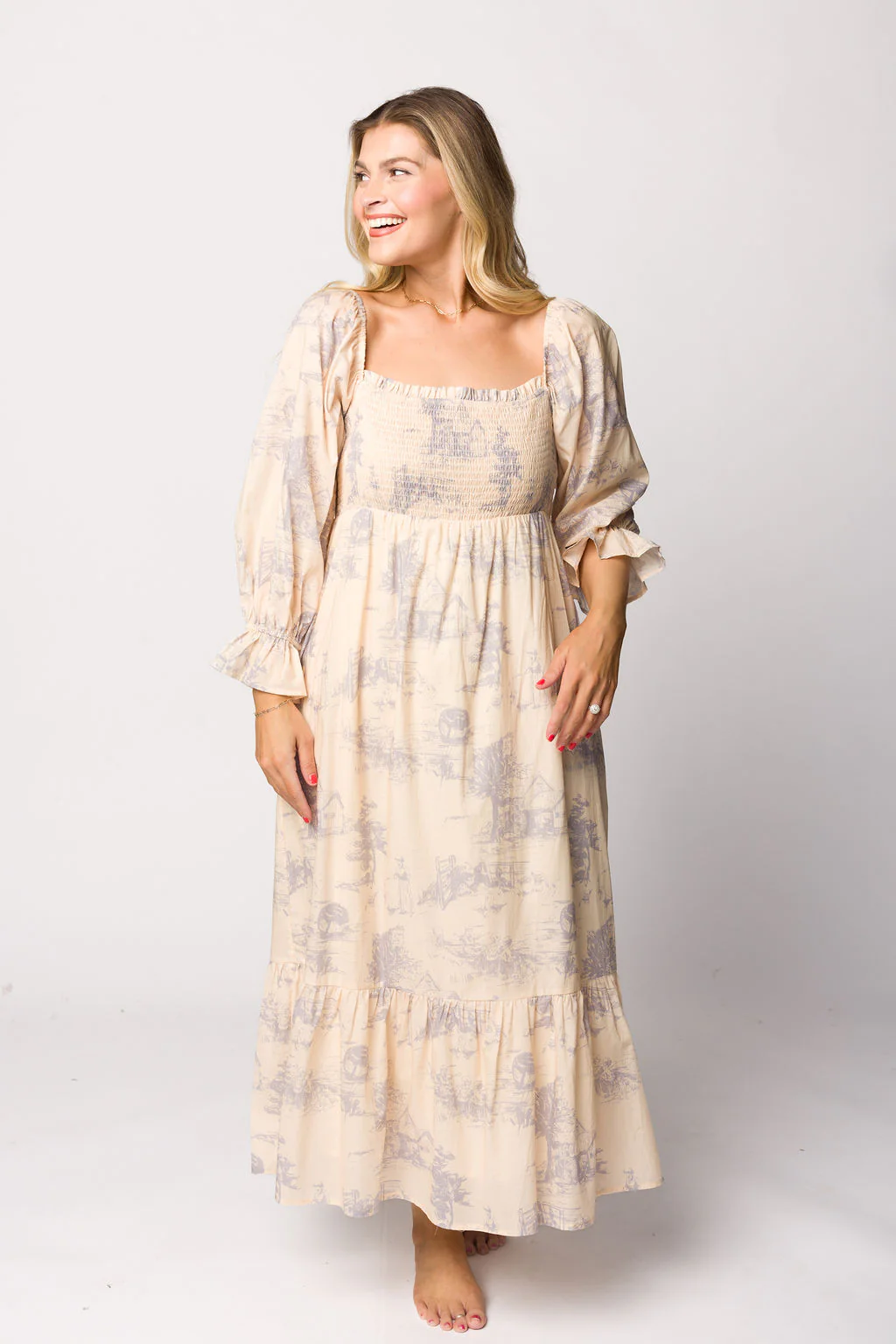 Bria Smocked Midi Dress with Puffed Long Sleeves in Ecru - Bump Friendly - Iieemm