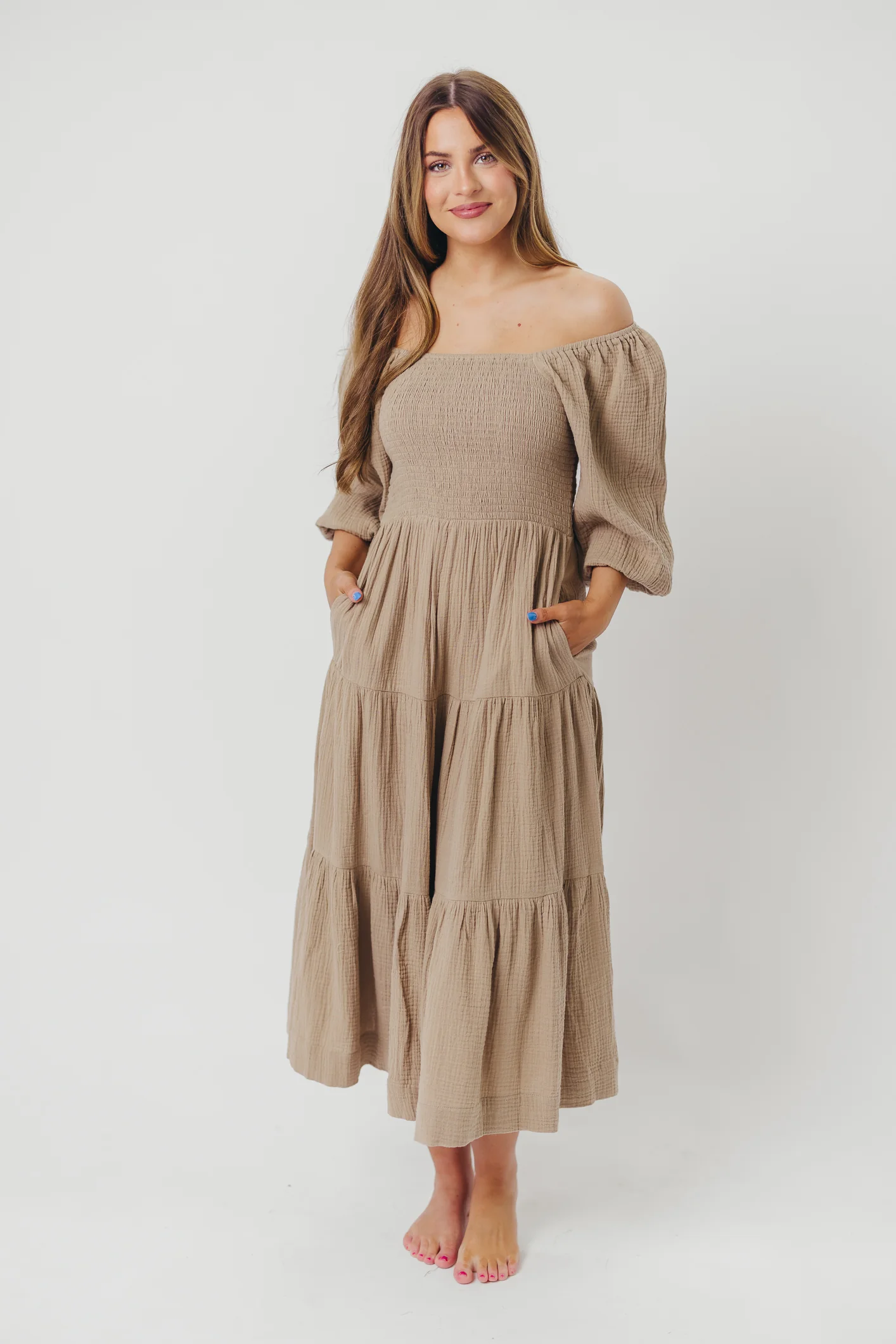 Taylor Cotton Smocked Midi Dress with Tiered Skirt in Pumice - Inclusive Sizing - Iieemm