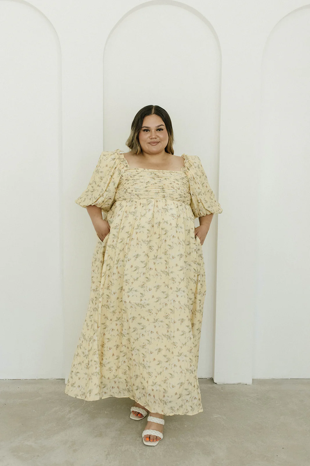 Melody Maxi Dress with Pleats and Bow Detail in Yellow Floral - Bump Friendly & Inclusive Sizing (S-3XL) - Iieemm
