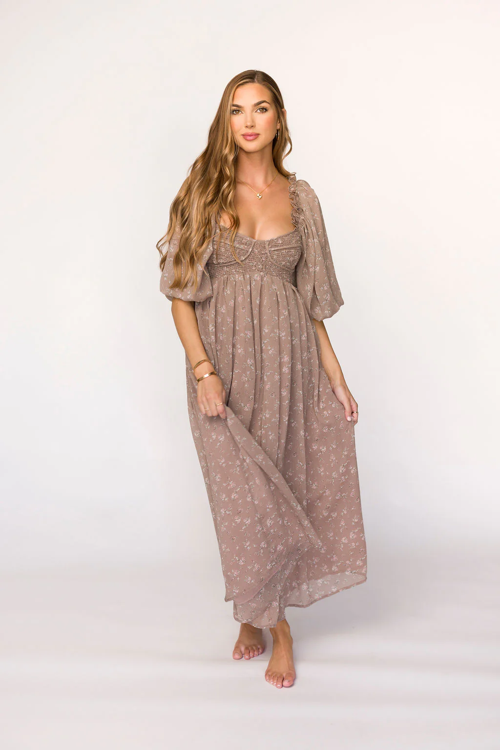 Harlow Maxi Dress in Taupe Floral - Bump Friendly - Iieemm