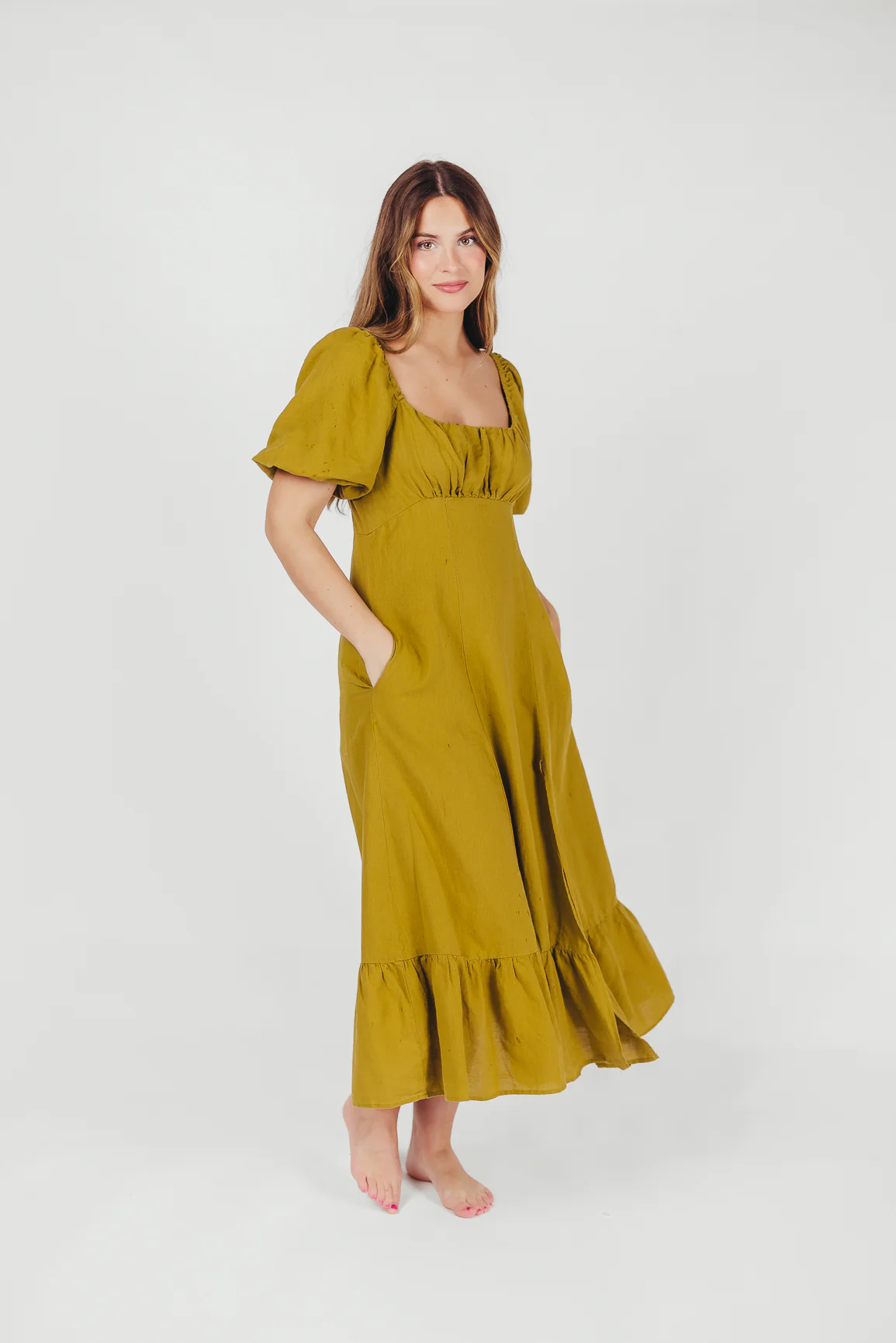 Beatrice Linen Fit-and-Flare Maxi Dress in Chartreuse - Iieemm