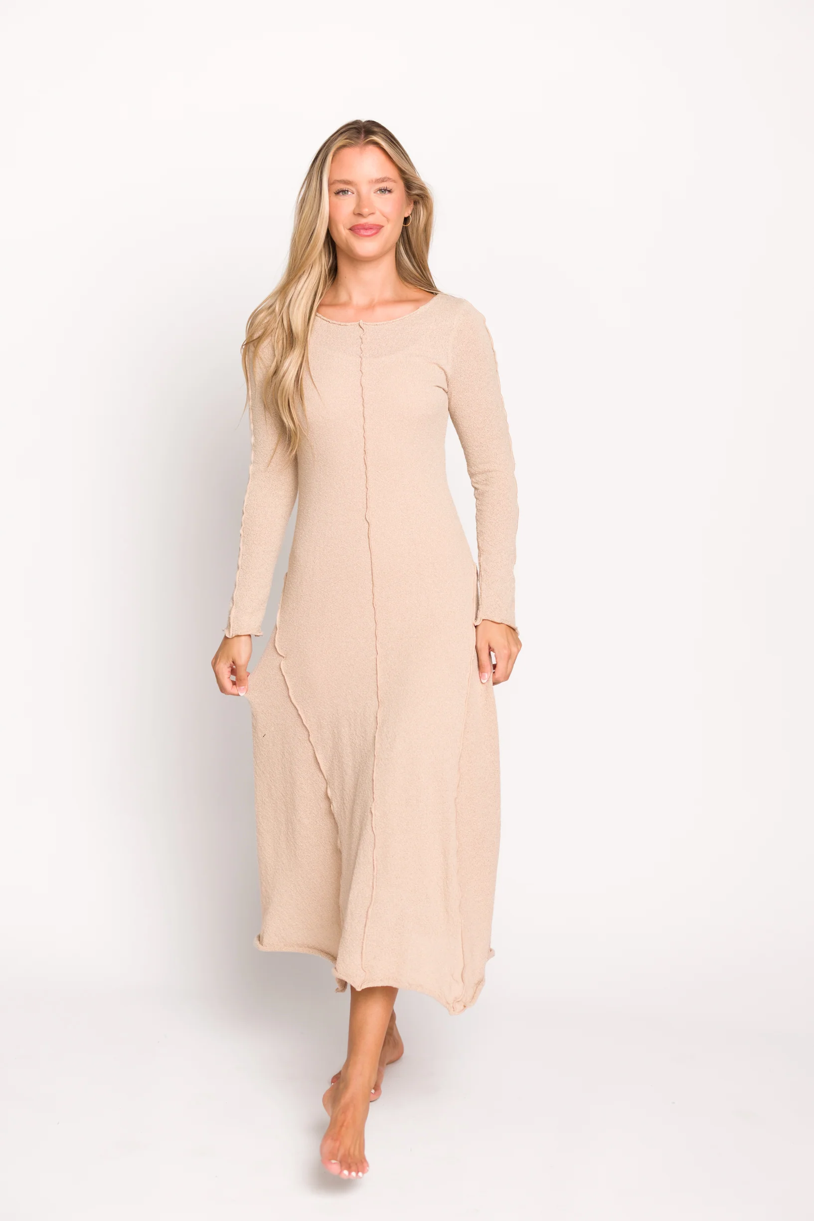 Selena Exposed Seam Midi Dress with Long Sleeves in Oatmeal (Lined) - Iieemm