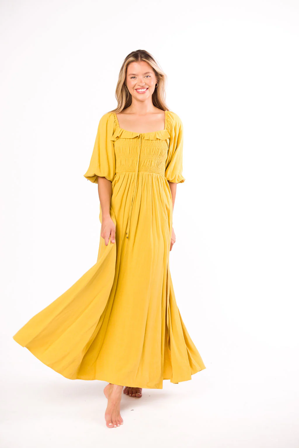 Devon Smocked Maxi Dress in Mustard - Bump Friendly - Iieemm