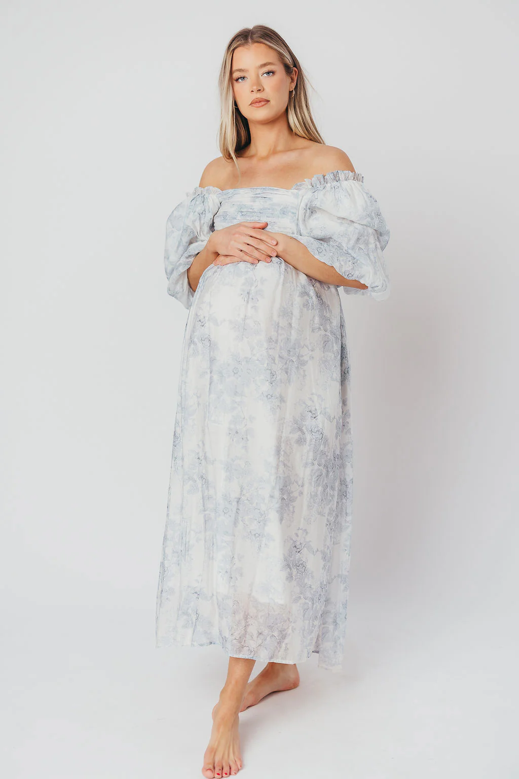 Melody Maxi Dress with Pleats and Bow Detail in Blue Floral - Bump Friendly & Inclusive Sizing (S-3XL) - Iieemm