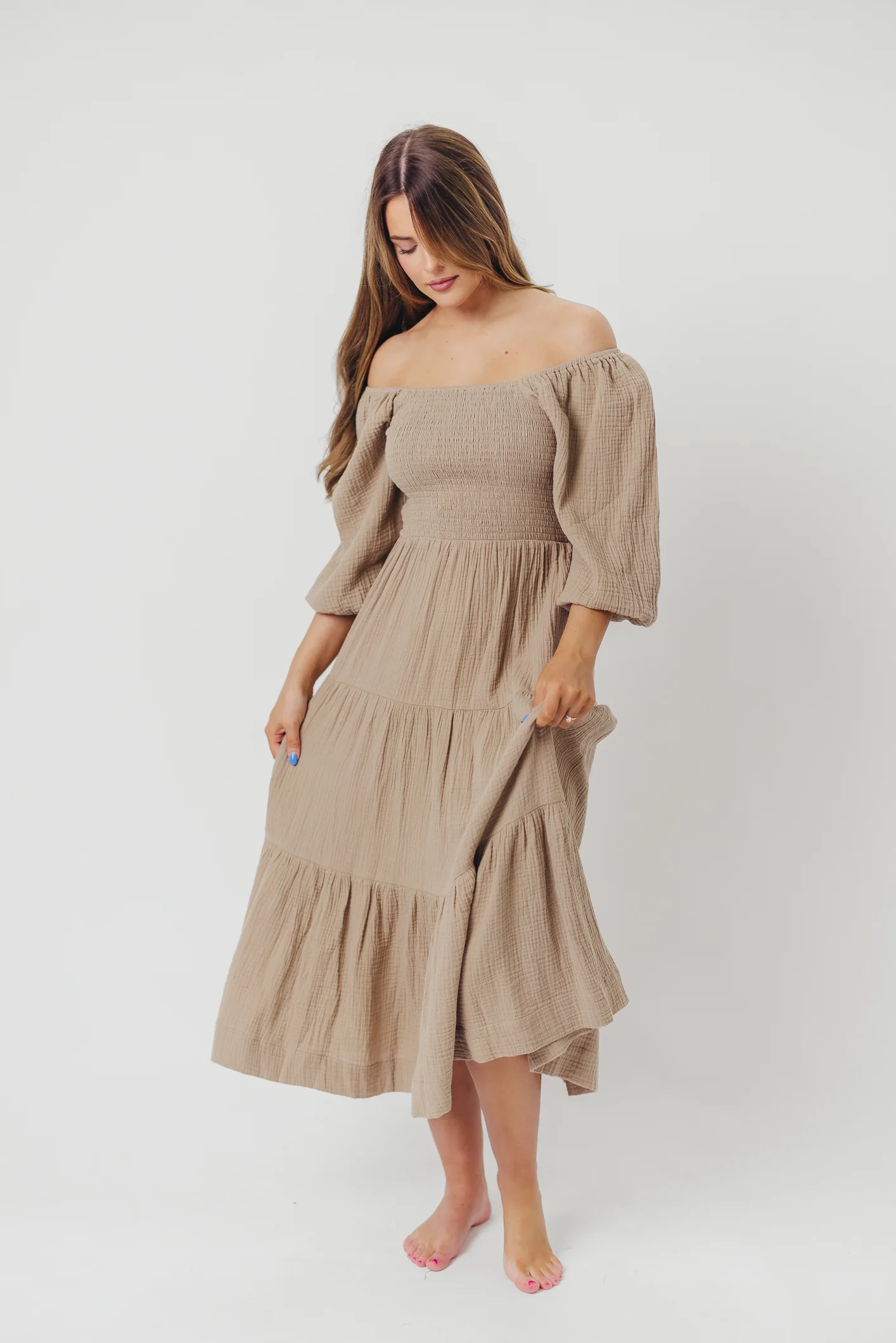 Taylor Cotton Smocked Midi Dress with Tiered Skirt in Pumice - Inclusive Sizing - Iieemm