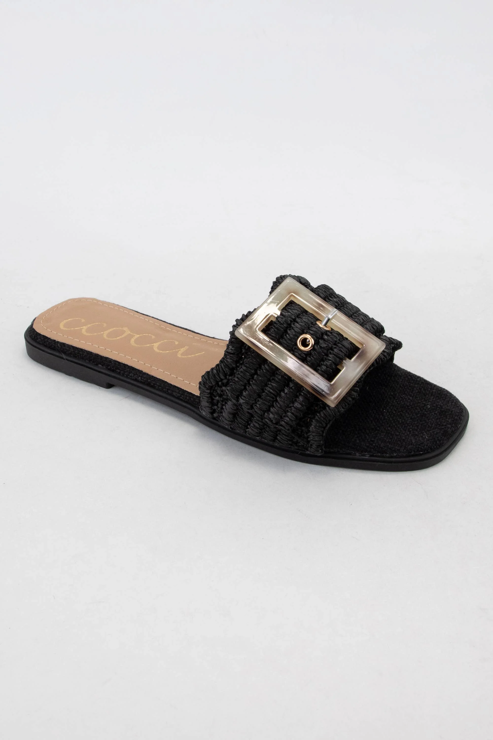 Leslie Raffia Slide with Tortoise Buckle in Black - Iieemm