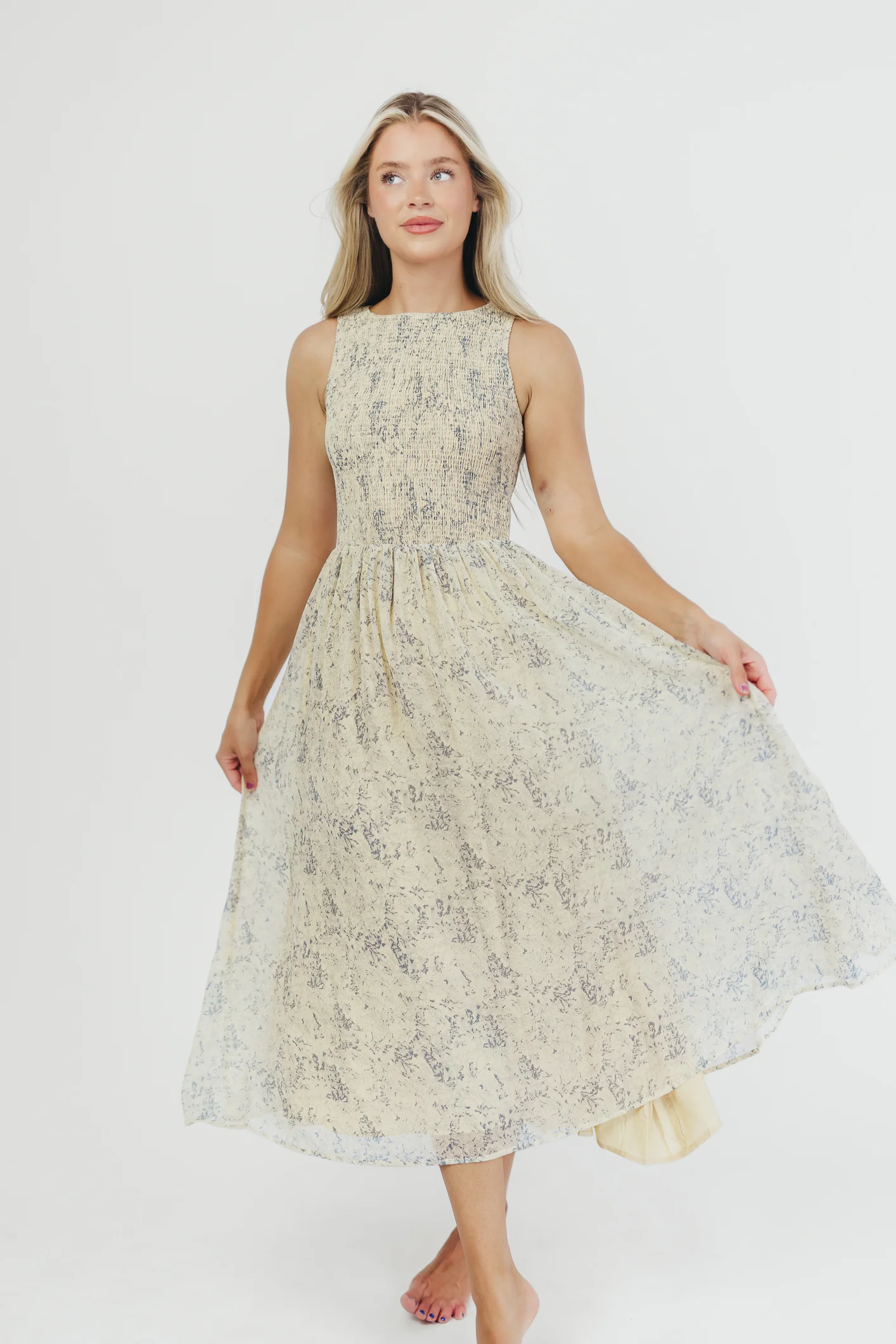 Alaina Floral Print Smocked Midi Dress in Blue Multi - Iieemm