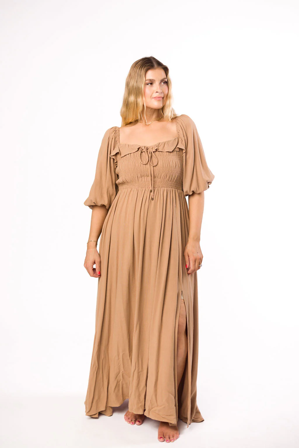 Devon Smocked Maxi Dress in Taupe - Bump Friendly - Iieemm