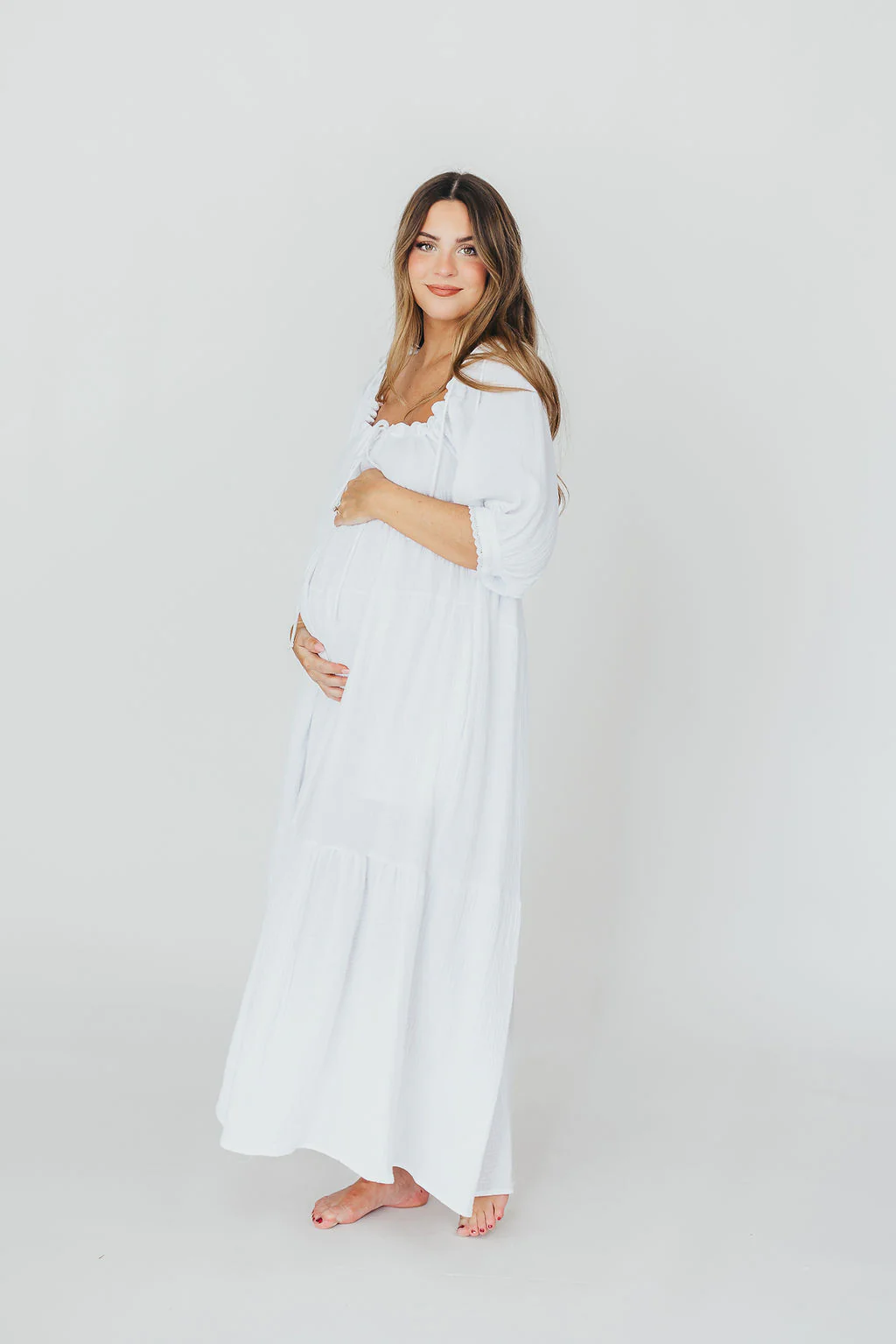 Goddess 100% Cotton Babydoll Maxi Dress in White - Bump Friendly - Iieemm