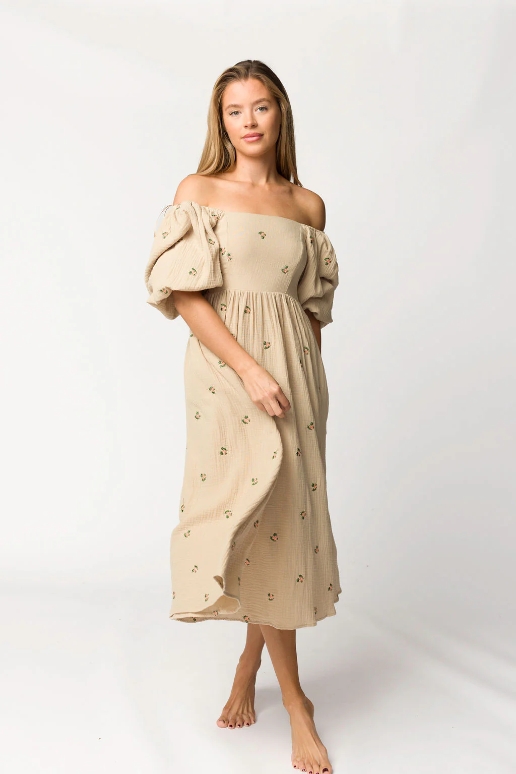 Natalie Embroidered Floral Midi Dress in Taupe - Iieemm