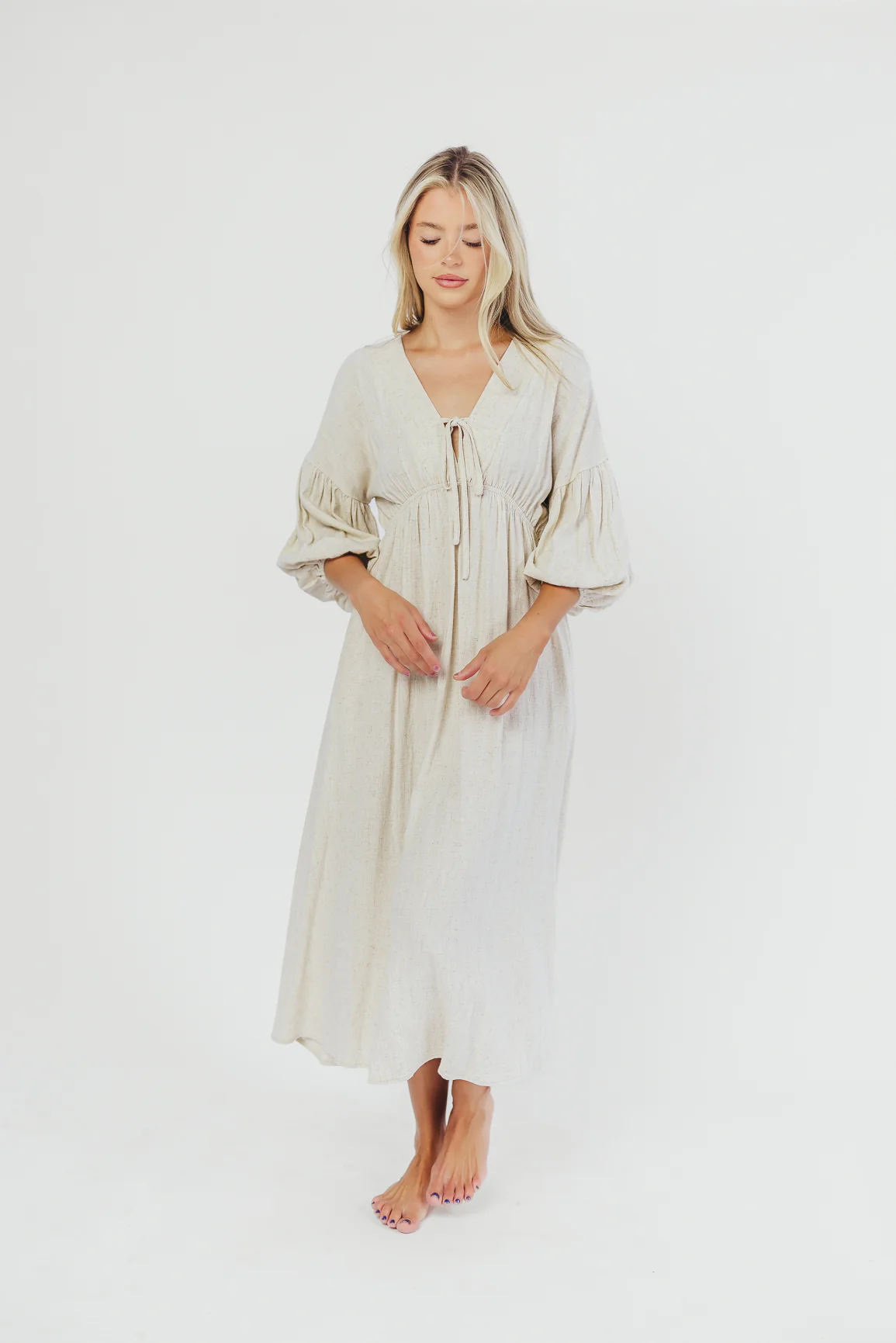 Hunter Linen-Blend Midi Dress in Greige - Bump Friendly and Inclusive Sizing - Iieemm