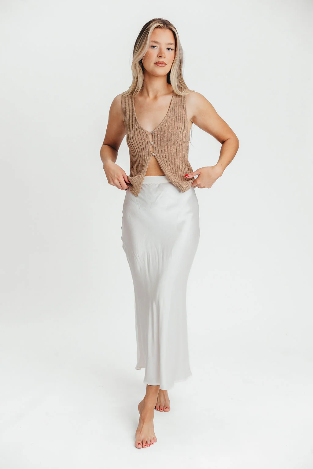Kimberley Satin Long Midi Skirt in Champagne - Iieemm