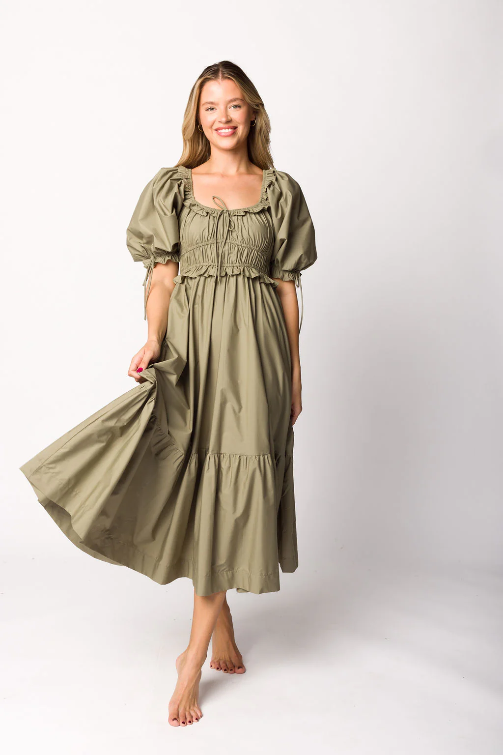 Crissy Ruched Midi Dress in Dusty Olive - Bump Friendly - Iieemm