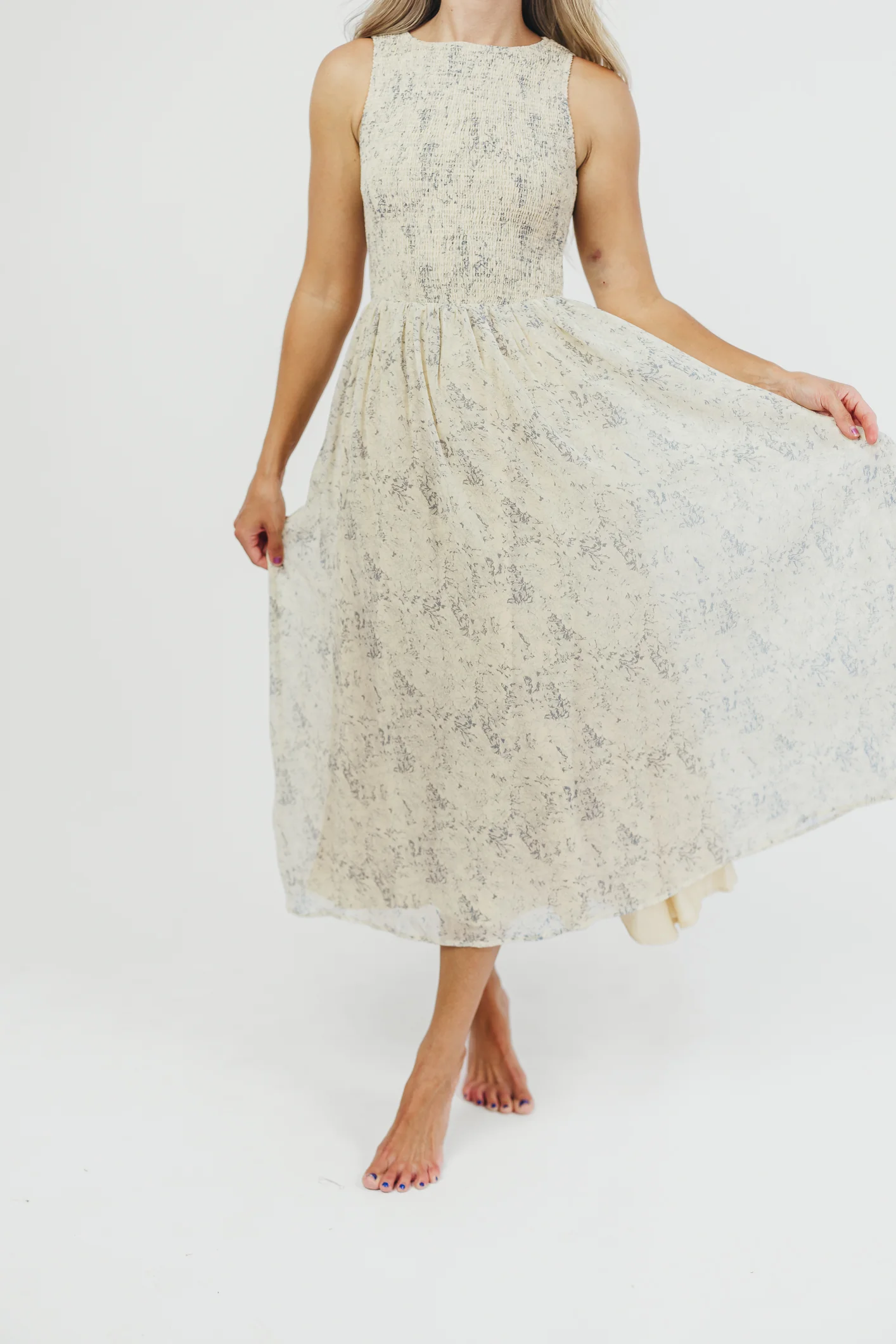 Alaina Floral Print Smocked Midi Dress in Blue Multi - Iieemm