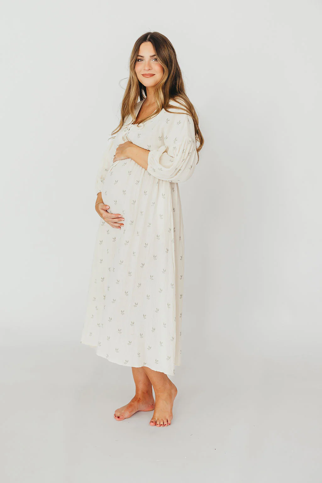 Hunter 100% Cotton Gauze Midi Dress in Soy/Sage Foliage - Bump Friendly and Inclusive Sizing - Iieemm