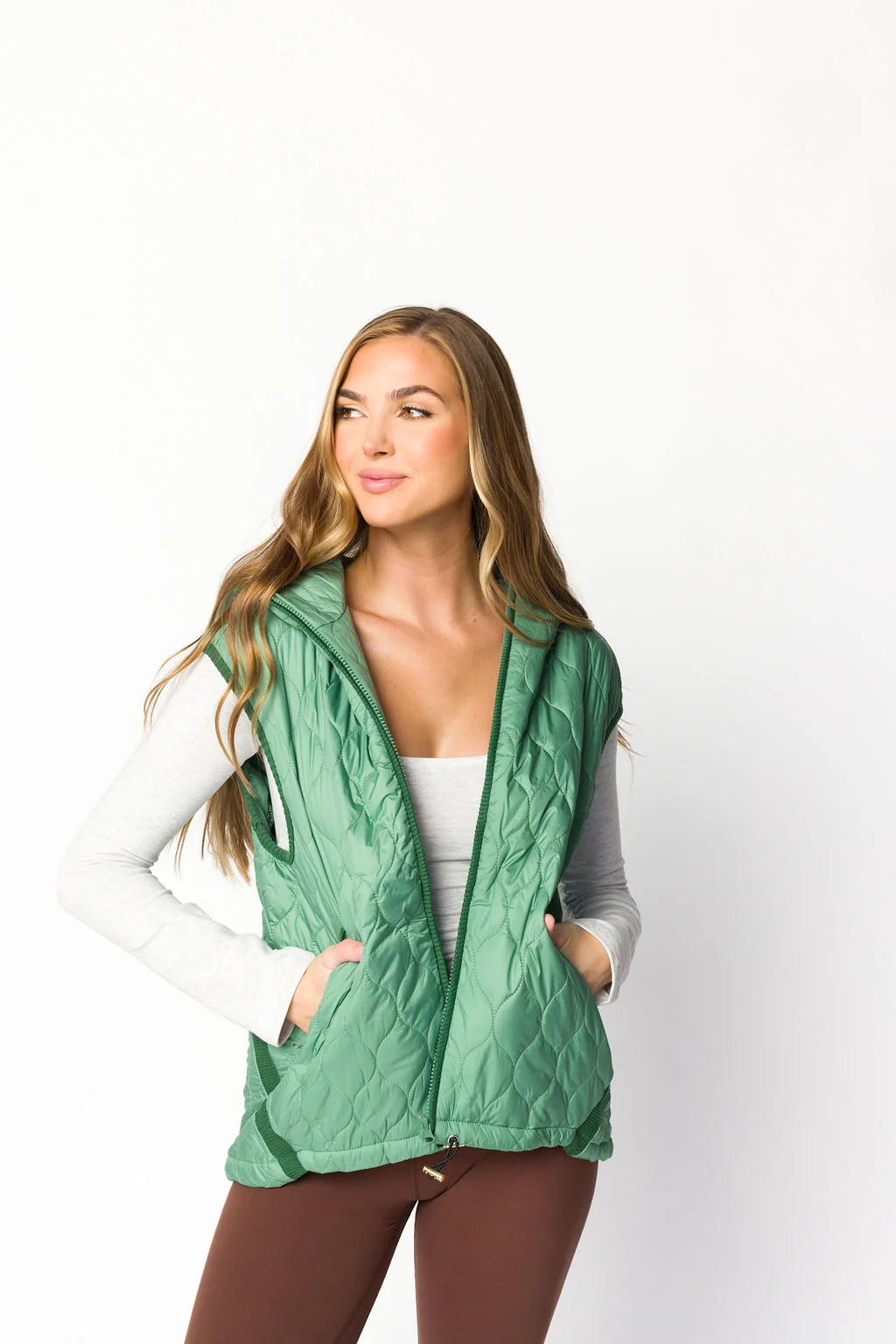 Selma Hooded Quilted Zipper Puffer Vest in Olive - Iieemm