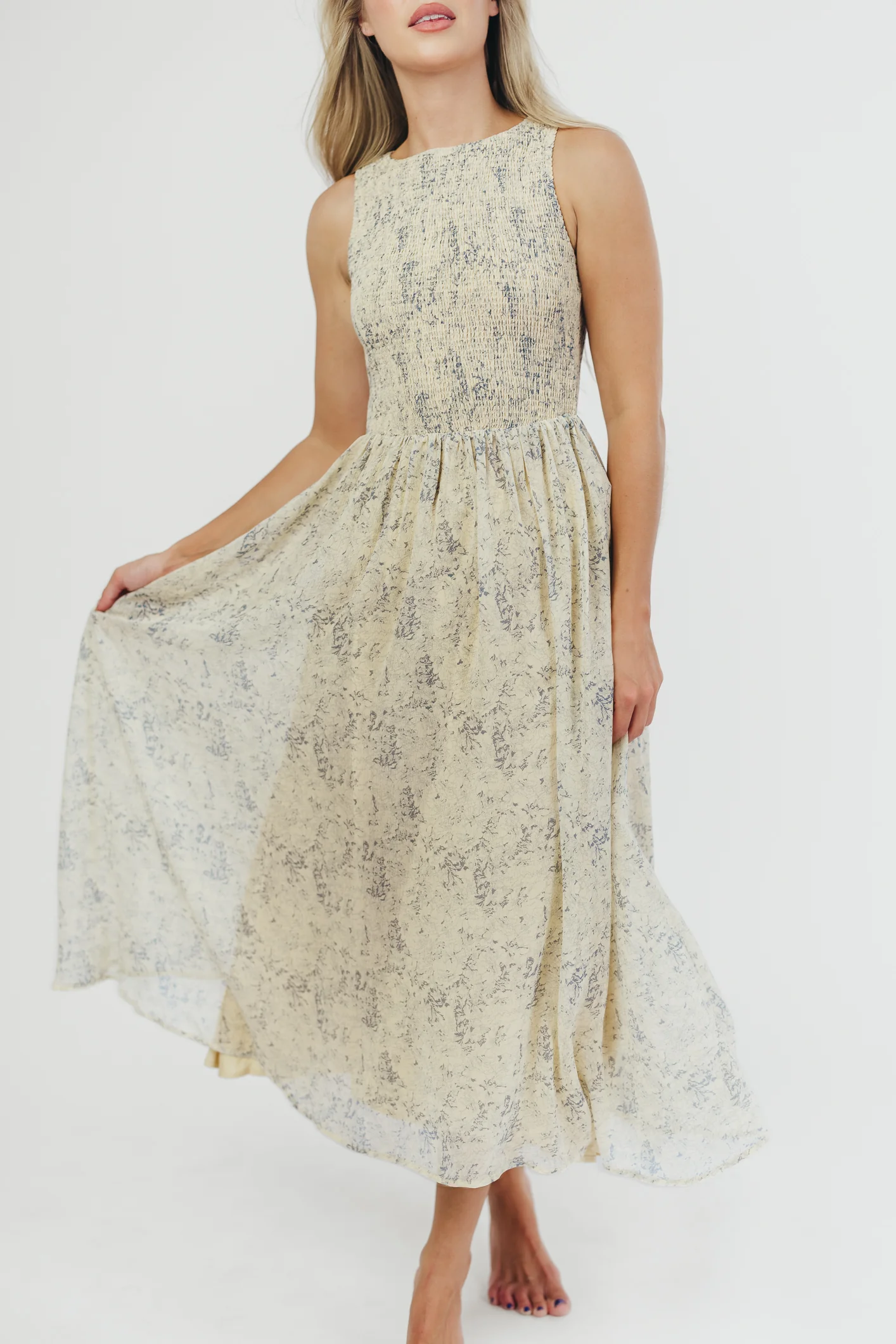 Alaina Floral Print Smocked Midi Dress in Blue Multi - Iieemm