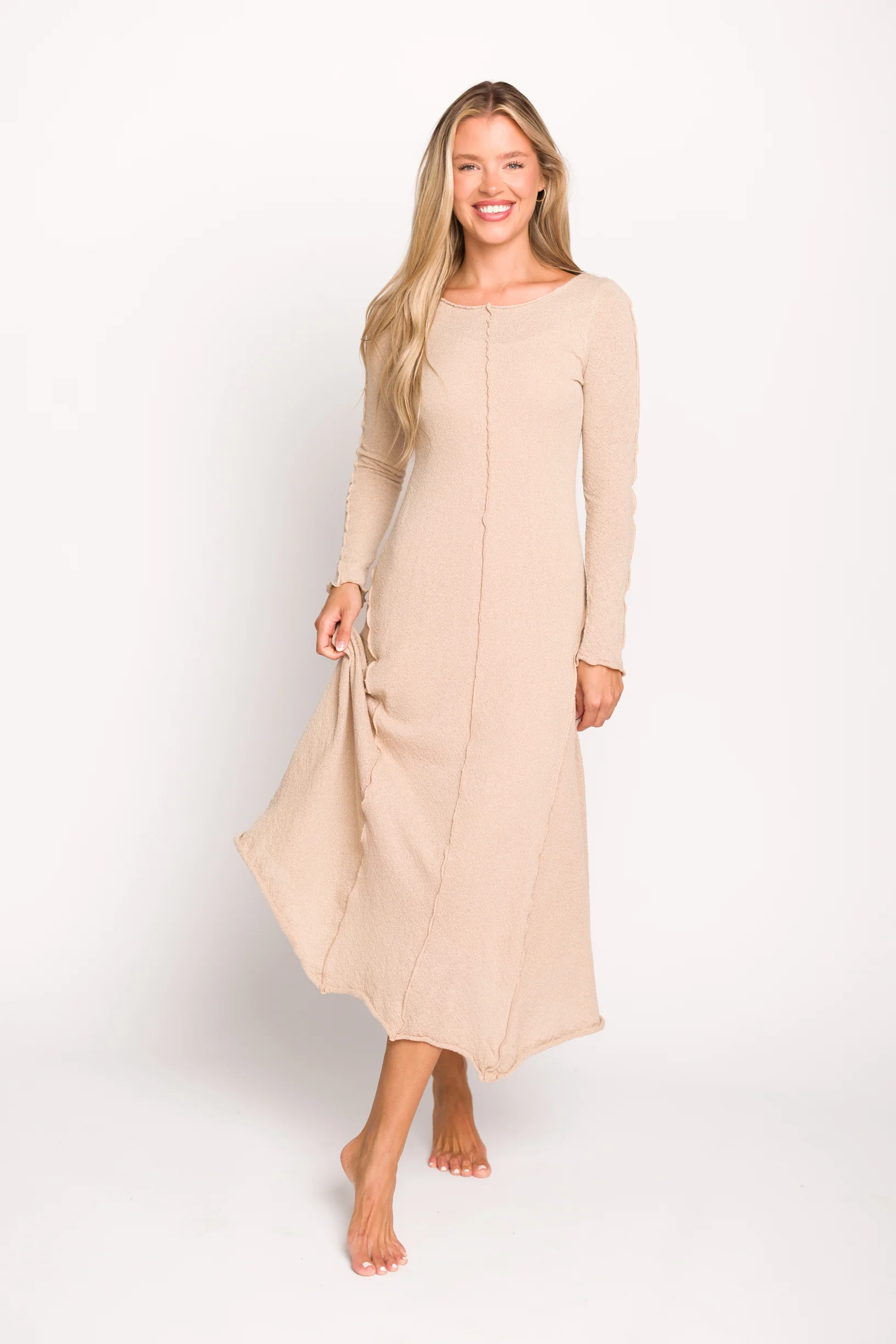 Selena Exposed Seam Midi Dress with Long Sleeves in Oatmeal (Lined) - Iieemm